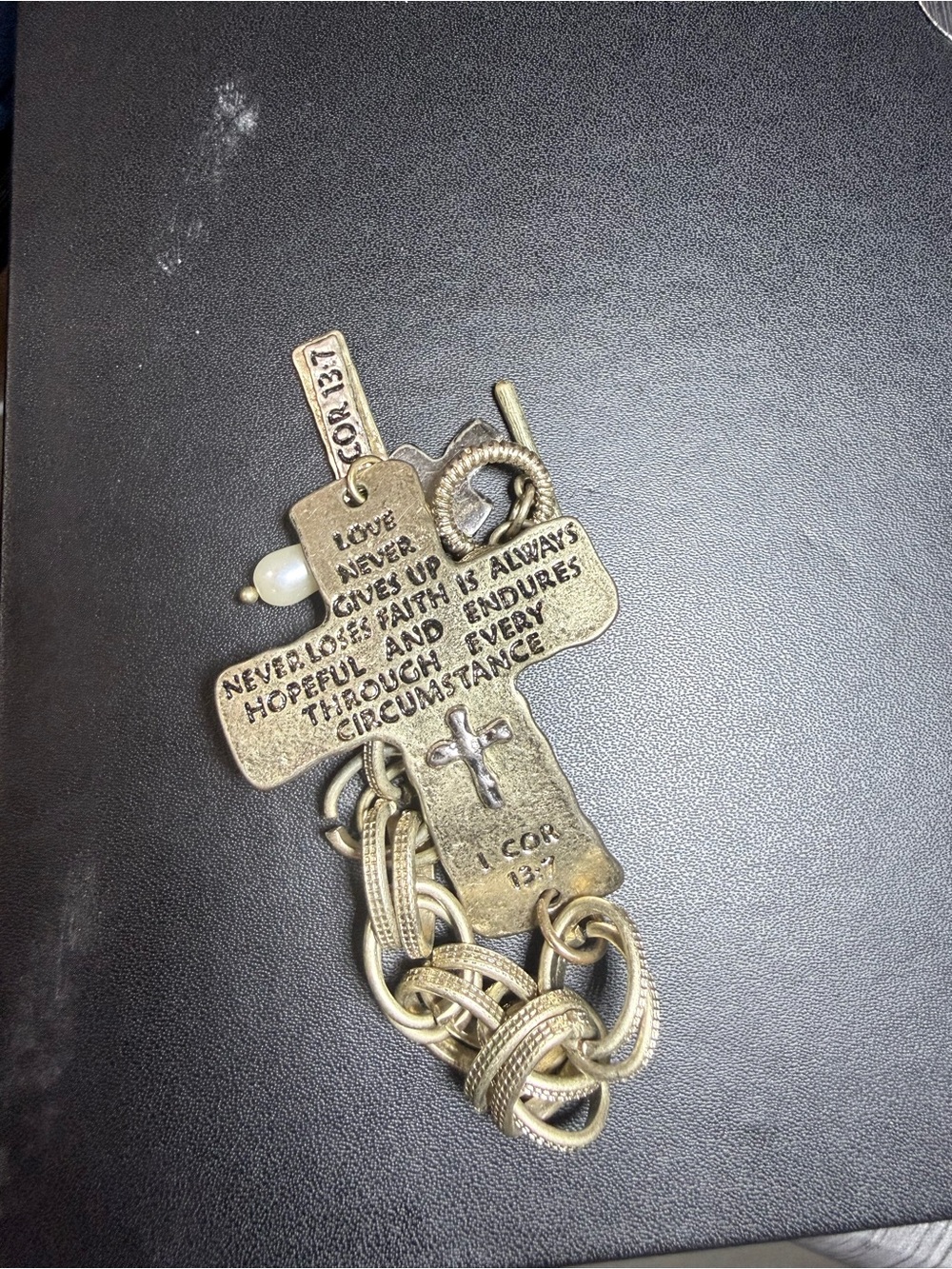 Vintage Gold Tone 1 Corinthians 13:7 Scripture Cross Link Bracelet